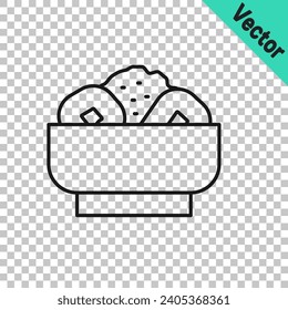 Black line Chow mein on plate icon isolated on transparent background. Asian food.  Vector