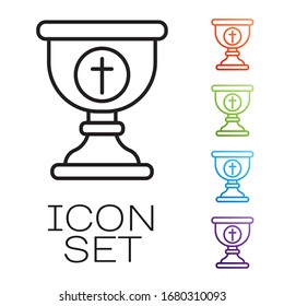 Black line Christian chalice icon isolated on white background. Christianity icon. Happy Easter. Set icons colorful. Vector Illustration