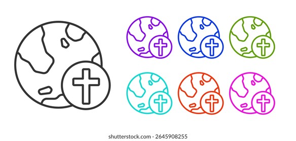 Black line Christian cross with globe Earth icon isolated on white background. World religion day. Set icons colorful. Vector