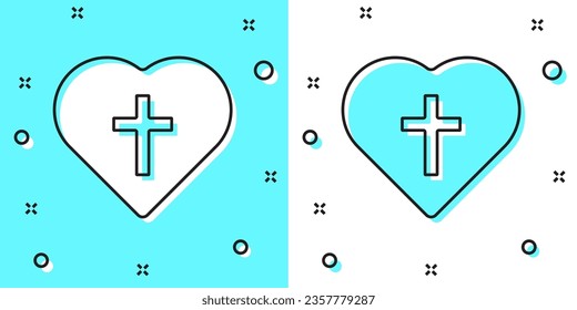 Black line Christian cross in heart icon isolated on green and white background. Happy Easter. Random dynamic shapes. Vector