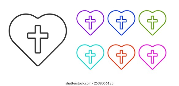 Black line Christian cross in heart icon isolated on white background. Happy Easter. Set icons colorful. Vector