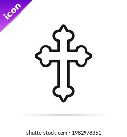 Icono de la cruz cristiana de línea negra aislado en fondo blanco. Cruz de la iglesia.  Vector