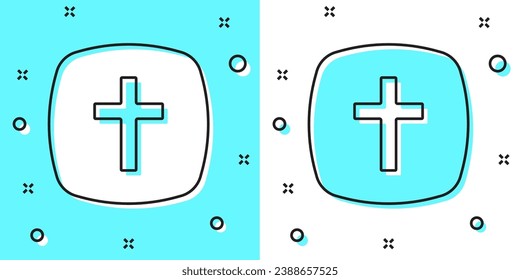 Black line Christian cross icon isolated on green and white background. Church cross. Random dynamic shapes. Vector