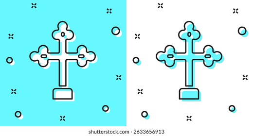 Black line Christian cross icon isolated on green and white background. Church cross. Random dynamic shapes. Vector