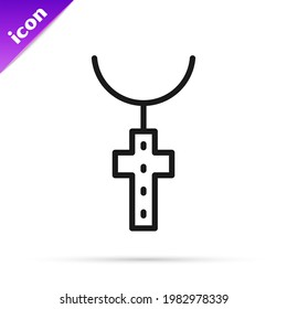 Black line Christian cross on chain icon isolated on white background. Church cross.  Vector