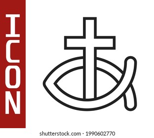 Black line Christian fish symbol icon isolated on white background. Jesus fish symbol.  Vector