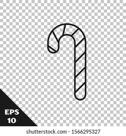 Black line Christmas candy cane with stripes icon isolated on transparent background. Merry Christmas and Happy New Year.  Vector Illustration