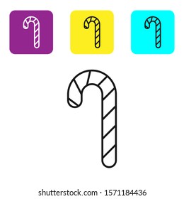 Black line Christmas candy cane with stripes icon isolated on white background. Merry Christmas and Happy New Year. Set icons colorful square buttons. Vector Illustration