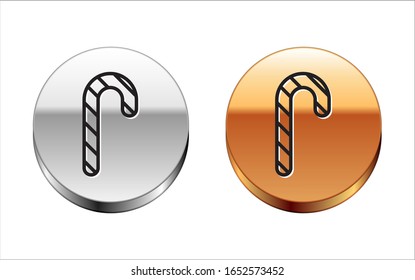 Línea negra de caña de caramelo de Navidad con icono de franjas aislado en fondo blanco. Feliz Navidad y Feliz Año Nuevo. Botón del círculo dorado plateado.  Ilustración vectorial