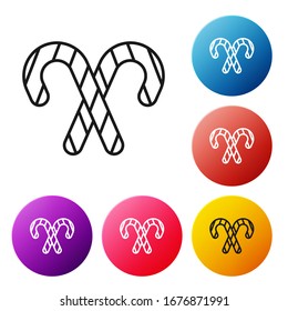 Black line Christmas candy cane with stripes icon isolated on white background. Merry Christmas and Happy New Year. Set icons colorful circle buttons. Vector Illustration
