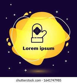 Black line Christmas mitten icon isolated on blue background. Abstract banner with liquid shapes. Vector Illustration