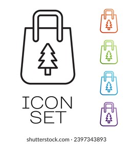 Black line Christmas paper shopping bag icon isolated on white background. Package sign. Merry Christmas and Happy New Year. Set icons colorful. Vector