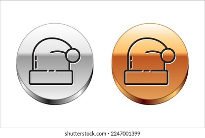 Black line Christmas Santa Claus hat icon isolated on white background. Merry Christmas and Happy New Year. Silver-gold circle button. Vector Illustration