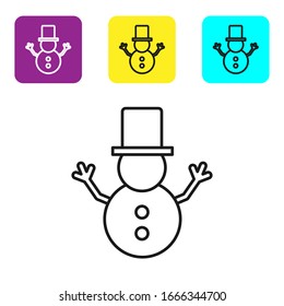 Black line Christmas snowman icon isolated on white background. Merry Christmas and Happy New Year. Set icons colorful square buttons. Vector Illustration