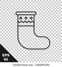 Black line Christmas stocking icon isolated on transparent background. Merry Christmas and Happy New Year.  Vector Illustration