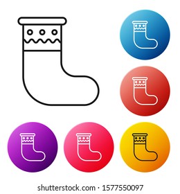 Black line Christmas stocking icon isolated on white background. Merry Christmas and Happy New Year. Set icons colorful circle buttons. Vector Illustration