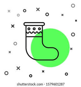 Black line Christmas stocking icon isolated on white background. Merry Christmas and Happy New Year.  Vector Illustration