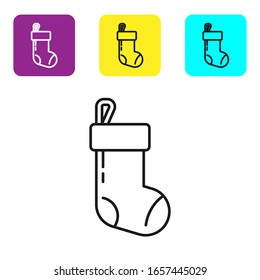 Black line Christmas stocking icon isolated on white background. Merry Christmas and Happy New Year. Set icons colorful square buttons. Vector Illustration