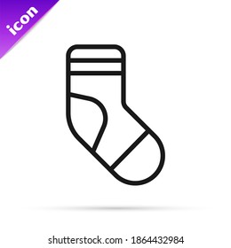 Black line Christmas stocking icon isolated on white background. Merry Christmas and Happy New Year.  Vector
