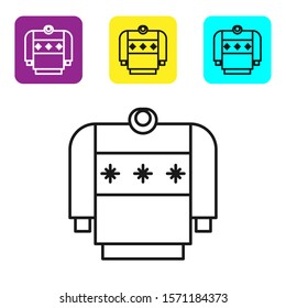 Black line Christmas sweater with norwegian ornaments and holidays decorations icon isolated on white background. Knitted winter jumper. Set icons colorful square buttons. Vector Illustration