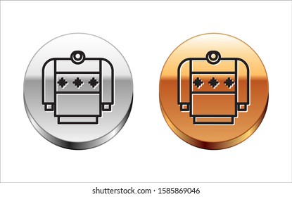 Black line Christmas sweater with norwegian ornaments and holidays decorations icon isolated on white background. Knitted winter jumper. Silver-gold circle button. Vector Illustration