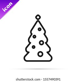 Black line Christmas tree with decorations icon isolated on white background. Merry Christmas and Happy New Year.  Vector Illustration
