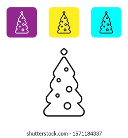 Black line Christmas tree with decorations icon isolated on white background. Merry Christmas and Happy New Year. Set icons colorful square buttons. Vector Illustration