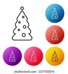 Black line Christmas tree with decorations icon isolated on white background. Merry Christmas and Happy New Year. Set icons colorful circle buttons. Vector Illustration