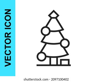Árbol de Navidad de línea negra con icono de decoraciones aislado en fondo blanco. Feliz Navidad y Feliz Año Nuevo.  Vector