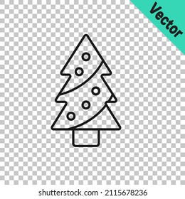 Black line Christmas tree with decorations icon isolated on transparent background. Merry Christmas and Happy New Year.  Vector