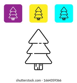 Schwarze Linie Weihnachtsbaumsymbol einzeln auf weißem Hintergrund. Frohe Weihnachten und glückliches neues Jahr. Stellen Sie Symbole mit bunten Quadrat-Schaltflächen ein. Vektorillustration-Illustration