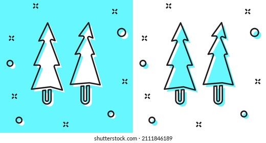 Black line Christmas tree icon isolated on green and white background. Merry Christmas and Happy New Year. Random dynamic shapes. Vector
