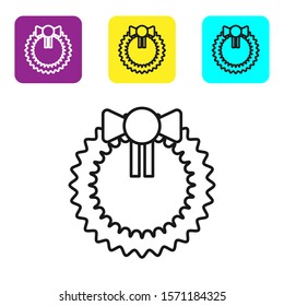 Black line Christmas wreath icon isolated on white background. Merry Christmas and Happy New Year. Set icons colorful square buttons. Vector Illustration