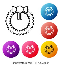 Black line Christmas wreath icon isolated on white background. Merry Christmas and Happy New Year. Set icons colorful circle buttons. Vector Illustration