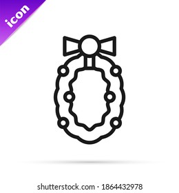 Black line Christmas wreath icon isolated on white background. Merry Christmas and Happy New Year.  Vector