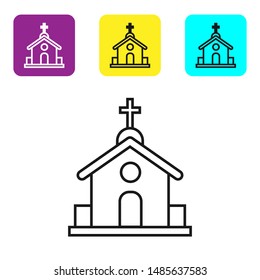 Black line Church building icon isolated on white background. Christian Church. Religion of church. Set icons colorful square buttons. Vector Illustration