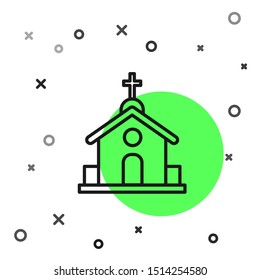 Black line Church building icon isolated on white background. Christian Church. Religion of church.  Vector Illustration