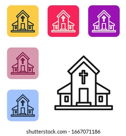 Black line Church building icon isolated on white background. Christian Church. Religion of church. Set icons in color square buttons. Vector Illustration