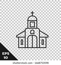 Black line Church building icon isolated on transparent background. Christian Church. Religion of church.  Vector Illustration