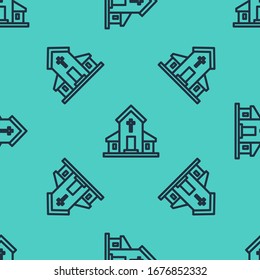 Black line Church building icon isolated seamless pattern on green background. Christian Church. Religion of church.  Vector Illustration