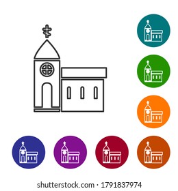 Black line Church building icon isolated on white background. Christian Church. Religion of church. Set icons in color circle buttons. Vector Illustration