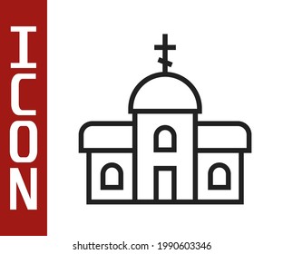 Black line Church building icon isolated on white background. Christian Church. Religion of church.  Vector