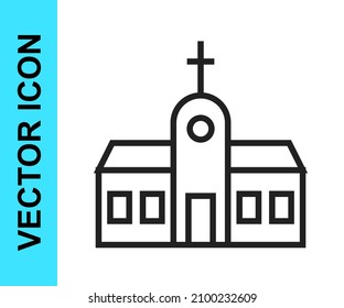 Black line Church building icon isolated on white background. Christian Church. Religion of church.  Vector