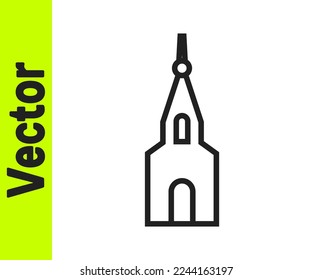 Black line Church building icon isolated on white background. Christian Church. Religion of church.  Vector