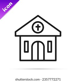 Black line Church building icon isolated on white background. Christian Church. Religion of church.  Vector