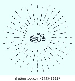 Black line Churros and chocolate icon isolated on grey background. Traditional national Spain dessert, European street food. Abstract circle random dots. Vector