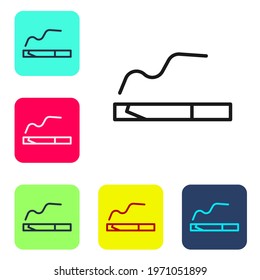 Black line Cigarette icon isolated on white background. Tobacco sign. Smoking symbol. Set icons in color square buttons. Vector Illustration