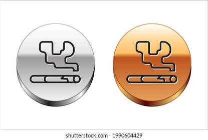 Black line Cigarette icon isolated on white background. Tobacco sign. Smoking symbol. Silver-gold circle button. Vector