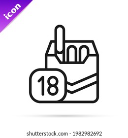 Icono de caja de cigarrillos de línea negra aislado en fondo blanco. Límite de edad para los cigarrillos. Paquete de cigarrillos.  Vector