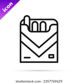 Black line Cigarettes pack box icon isolated on white background. Cigarettes pack.  Vector